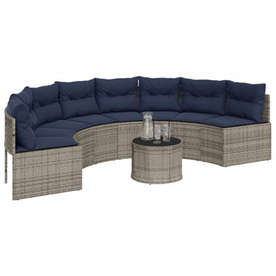 Ebern Designs Patio Sofa With Table And Cushions Half-Round Gray Poly Rattan by Ebern Designs