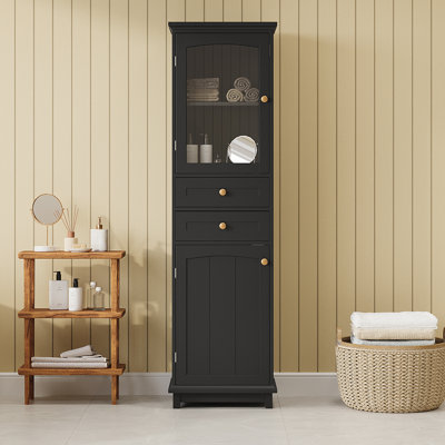 Tall Bathroom Storage Cabinet with Glass Doors Two Drawers and Adjustable Shelves by Red Barrel Studio