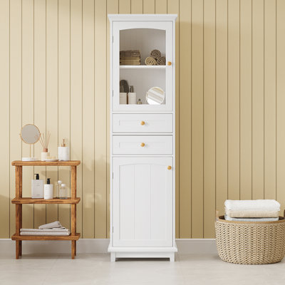Tall Bathroom Storage Cabinet with Glass Doors Two Drawers and Adjustable Shelves by Red Barrel Studio