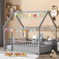 House Bed for Kids, Wooden Montessori Bed with Fence and Roof for Toddlers, Kids Floor Bed Frame