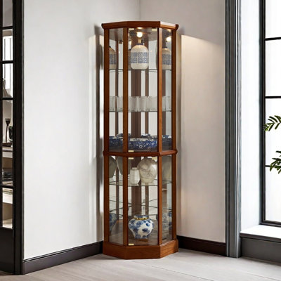 6 Shelf Lighted Corner Curio Cabinet With Adjustable Tempered Glass Shelves And Mirror Back(E26 Light Bulb Not Included) by Wrought Studio