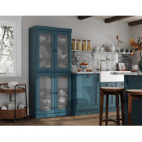 100% Solid Wood 32" Pantry Cabinet with Frosted Glass Doors, 2-Drawers and Adjustable Shelves by Latitude Run