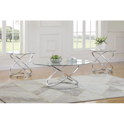 Warren 3-Piece Oval Glass Top Coffee Table Set Chrome by Ivy Bronx