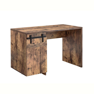 Office Desk Distressed Wood One Cabinet Three Shelves Faux Barn Door On Metal Euro Hinges Modesty Panel by Gracie Oaks