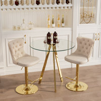 Bar Height Set, Tempered Glass Round Dining Table and Velvet Adjustable Dining Chairs. by House of Hampton