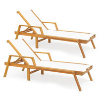 2 Pcs Outdoor Chaise Lounge With Adjustable 5-position Backrest Solid Wood Frame