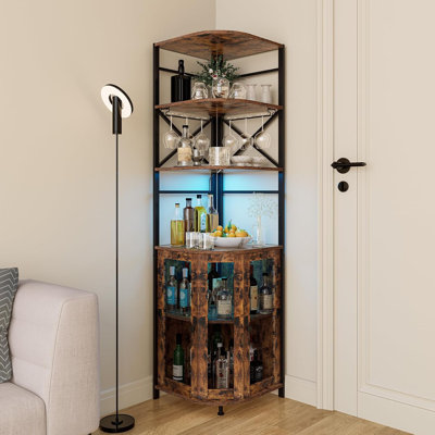 Wine Bar Cabinet with Power Outlet, 6-Tiers Industrial Wine Cabinet with LED Light and Glass Holder
