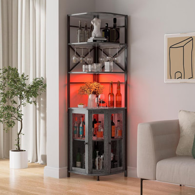 Wine Bar Cabinet with Power Outlet, 6-Tiers Industrial Wine Cabinet with LED Light and Glass Holder by 17 Stories