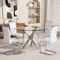 Dining Table Set, Tempered Glass Round Table and 4 Upholstered Dining Chairs. by Ivy Bronx