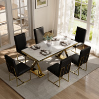 Luxurious Black Leather Dining Chairs With Mirrored Gold Metal Legs Set Of 6 by Everly Quinn
