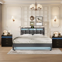 3-Piece Bedroom Set ,Upholstered Platform Bed With A Hydraulic Storage System , LED ,USB Charging And 2 LED Nightstand by Wrought Studio