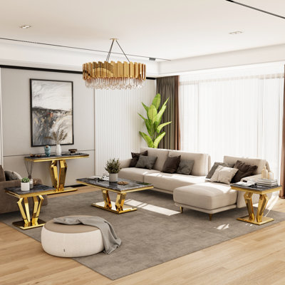 4 Piece Black And Gold Living Room Table Set Of 4 by Everly Quinn