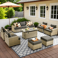 Carolle 9 Piece Patio Furniture With Fire Pit Table, 9-person Comfy Outdoor Rattan Wicker Conversation Set For Porch Balcony Backyard Pool by Lark Manor