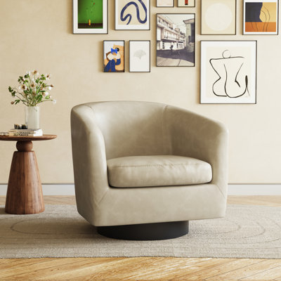 Applewold Upholstered Faux Leather Swivel Barrel Chair with Solid Wood Base