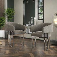 Boucle Dining Chair, Grey Barrel Dining Chair With Arms, Luxury Side Chair With Mirror Silver U-Shaped Legs, For Dining Table, Kitchen And Dining Room by Orren Ellis