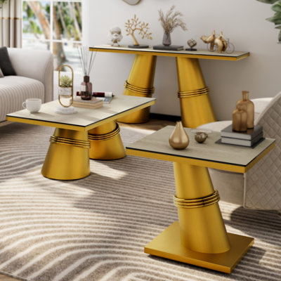 3 Piece White Glass And Gold Living Room Table Set Of 3 by Everly Quinn