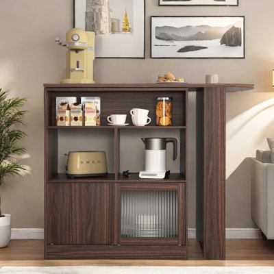 Bar Cabinet With Rotating Top, Counter Height Dining Cabinet With Storage Space And 2 Ribbed Glass Door For Kitchen, Walnut by Latitude Run