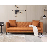 3 Seater Sofa With Tufted Back, Grain Leather Couch With Feather, Vintage Faux Leather by Latitude Run
