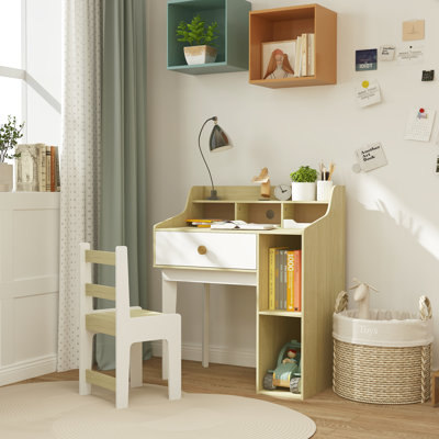 Harriet Bee Kids Desk and Chair Set with Storage Shelves, Drawer, White by Harriet Bee