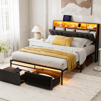 Ivy Bronx Bed Frames With Dustproof Storage Drawer, Ergonomic Hidden Storage Headboard With Charging Station, Upholstered Led Platform Bed, No Box Spr by Ivy Bronx