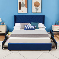 Auxter Upholstered Platform Bed Frame With Wingback Headboard And 4 Drawers Under Bed Storage, Wooden Slats Support, No Box Spring Needed by Wade Logan