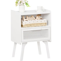 Rattan Nightstand, Side Table With Drawer Open Shelf, Cane Accent Bedside End Table With Solid Wood Legs, Mid Century Modern Night Stand For Bedroom, by Bayou Breeze