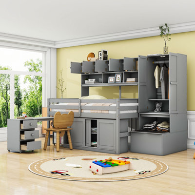 Wooden Loft Bed With Rolling Desk And Wardrobe by Harriet Bee