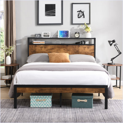 Metal Platform Bed Frame With Wooden Headboard And Footboard With USB LINER by 17 Stories
