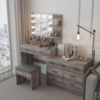 Large Makeup Vanity Set with Lights, USB & Power Outlet and 9 Drawers by Latitude Run