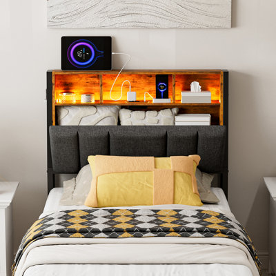 Wrought Studio Hidden Storage Headboard With Charging Station, Ergonomic Upholstered Linen Headboard Only With Led Lights, 2 Outlets & 2 Usb Ports, A