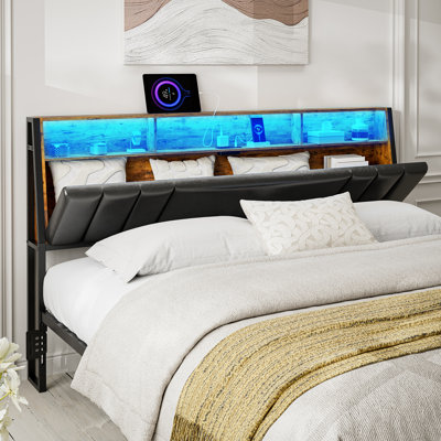 Ivy Bronx Hidden Storage Headboard With Charging Station, Ergonomic Upholstered Faux Leather Headboard Only With Led Lights, 2 Outlets & 2 Usb Ports, by Ivy Bronx