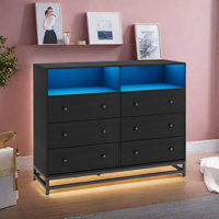6 Drawer Double Dresser With Power Outlet & Led Light, Wood Dresser, 47.2