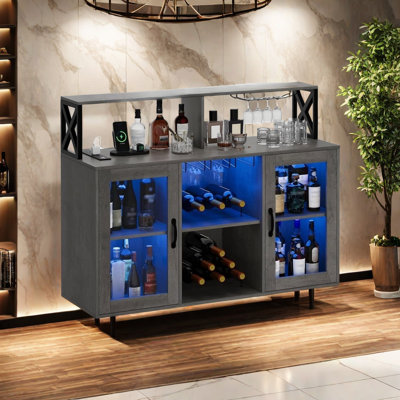 Bar Cabinet With Storage Shelves, Wine Cabinet With Led Lights, Cabinet With Wine Rack And Glass Goblet Holder by Wrought Studio