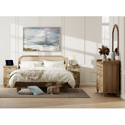 3 Piece Dresser And Nightstand Sets, One 6 Drawer Dressers & Two Rattan Bedside Table, Oak by Charlton Home