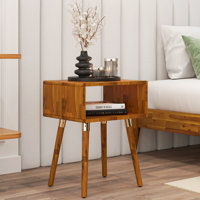 Finney Solid Acacia Wood Nightstand, Mid Century Modern Side Table Bedroom with Storage by Ebern Designs