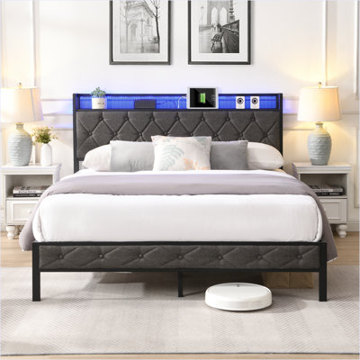 Bed Frame With Storage Headboard, Charging Station And LED Lights, Upholstered Platform Bed With Heavy Metal Slats by Brayden Studio
