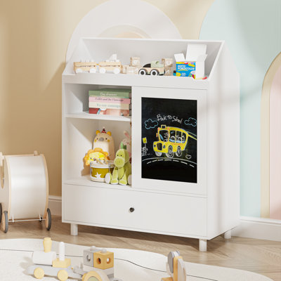 31.5"W X 38.5"H Kids Bookcase Storage Cabinet Toy Organizer With Painting Chalkboard Barn Door And Drawer by Latitude Run