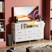 White Dresser for Bedroom with LED Lights Charging Station, 10 Drawers Long Dresser, Wide TV Stand
