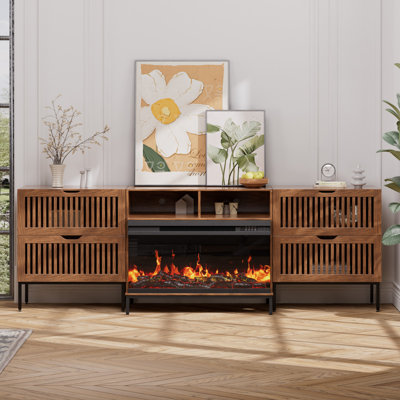 3-sided Glass Farmhouse Fireplace Tv Stand For Tvs Up To 100 Inch, Entertainment Center With 36" Electric Fireplace, 4 Drawers Storage by Latitude Run