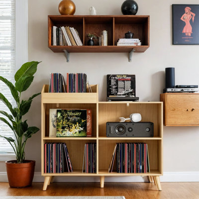 Large Record Player Stand With Power Outlet, Vinyl Record Storage Table Holds Up To 400 Albums, Mid-Century Turntable Stand For Living Room, Bedroom by George Oliver