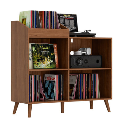 Large Record Player Stand With Power Outlet, Vinyl Record Storage Table Holds Up To 400 Albums, Mid-Century Turntable Stand For Living Room, Bedroom by George Oliver