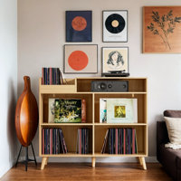3 Tier Large Record Player Stand With Power Outlet, Vinyl Record Storage Table Holds Up To 500 Albums, Mid-Century Turntable Stand by George Oliver