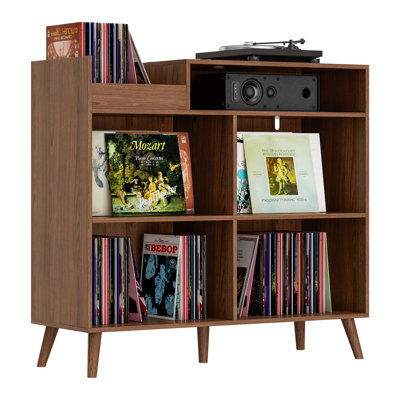 3 Tier Large Record Player Stand With Power Outlet, Vinyl Record Storage Table Holds Up To 500 Albums, Mid-Century Turntable Stand by George Oliver