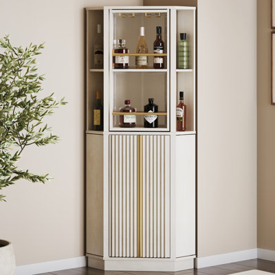 67.9" Tall Corner Bar Storage Cabinet w/ Rotating Wine Rack, White Sand by Lark Manor