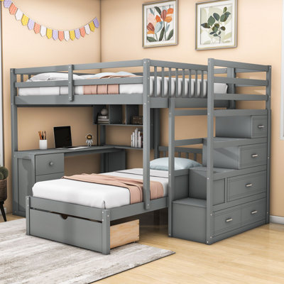 Full Over Twin Wood 8 Drawers Bunk Bed With Built-In-Desk And Shelves by Harriet Bee