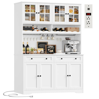 Dayal 75.4"H Modern Kitchen Pantry Cabinet with Charge Station, Large Food Pantry with Microwave Shelf & Wine Storage, Removable Goblet Holder by August Grove