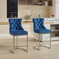 Kratsas Modern Velvet Bar Stools Set of 2 | Button Tufted & Rivet Trim, Chrome Metal Base for Kitchen Island