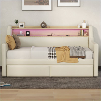 Twin Size Daybed With Trundle Bed, Upholstered Daybed With Charging Station And LED Lights by Hokku Designs