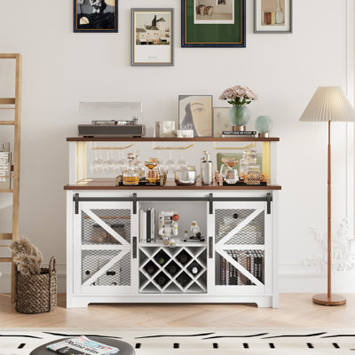 Gracie Oaks Wine Bar Cabinet, 55" Coffee Bar Cabinet With Sliding Barn Door, Kitchen Buffet Cabinet For Dining Room, Living Room, White & Oak by Gracie Oaks