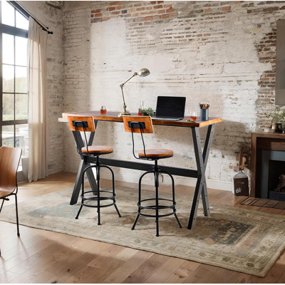 3-Piece Table & Chairs Set, Bar Dining Cafe Pub Party, Industrial Black Metal & Rustic Brown Wood, X-Leg Rectangular Table, 2 Swivel Adjustable Barst